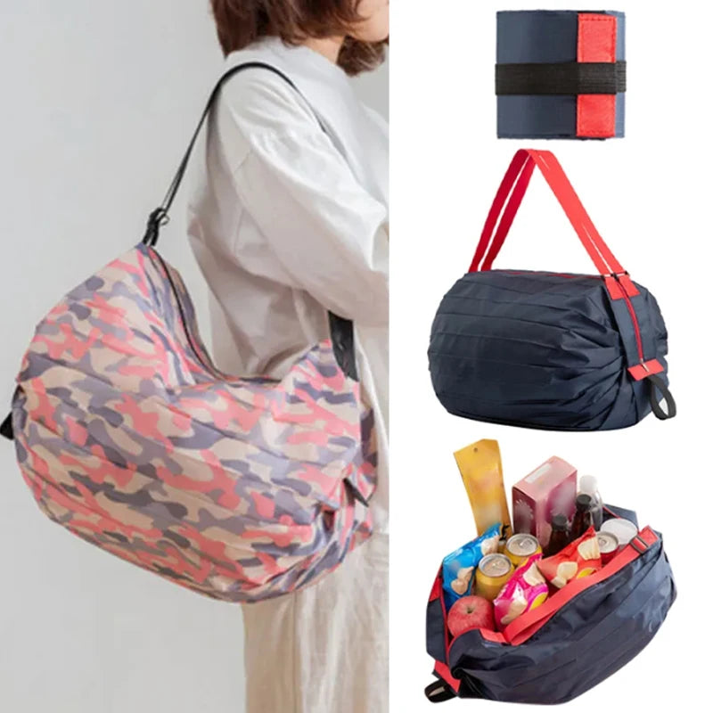 New Foldable Shopping Bag Space Save Reusable Supermarket Grocery Shopping Bag Travel Beach Fitness Sports Bag One-Shoulder