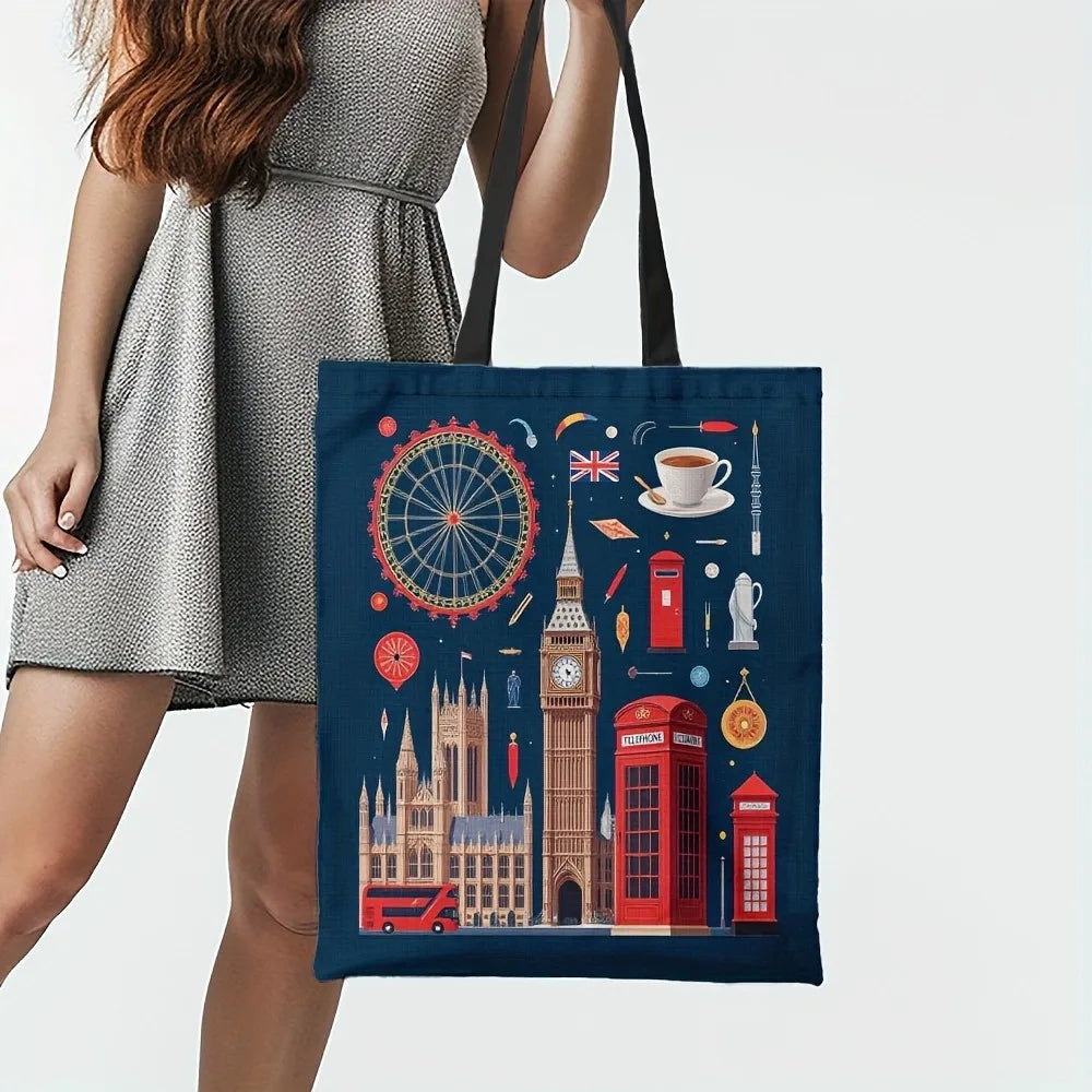 Reusable Grocery Tote Bag Women London-Themed Design Big Ben Red Phone Booths Union Jack Polyester Large Capacity Shopping Bag
