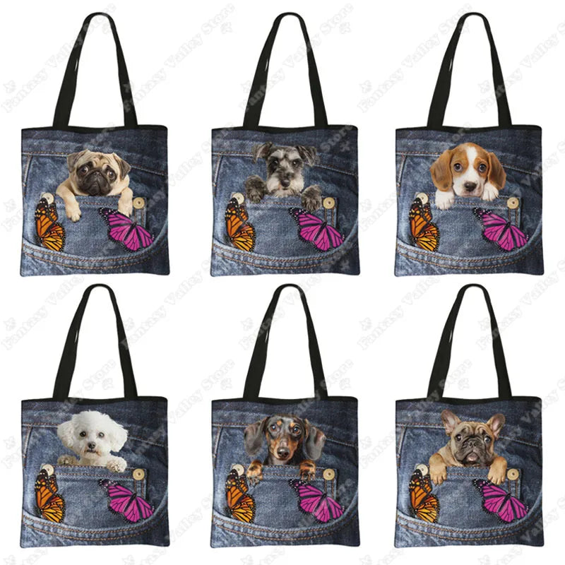Funny Pocket Dog Shopping Bags Pet Bulldog Dachshund Beagle Schnauzer Dogs Tote Bag Large Capacity Storage Bag Women Handbag