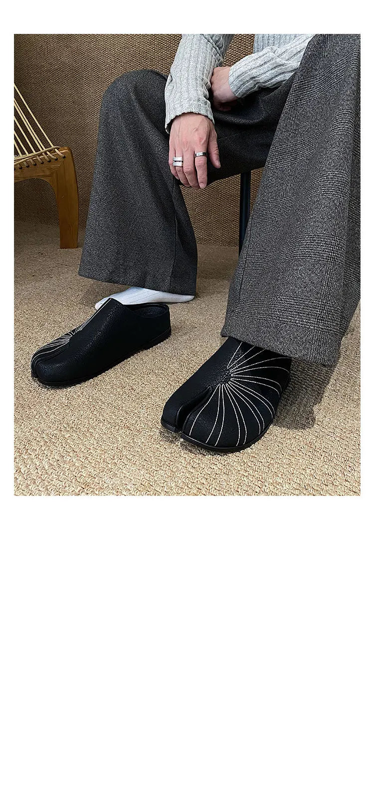 Summer Boken shoes for men breathable tabi black leather slippers personality niche split toe design Mueller shoes