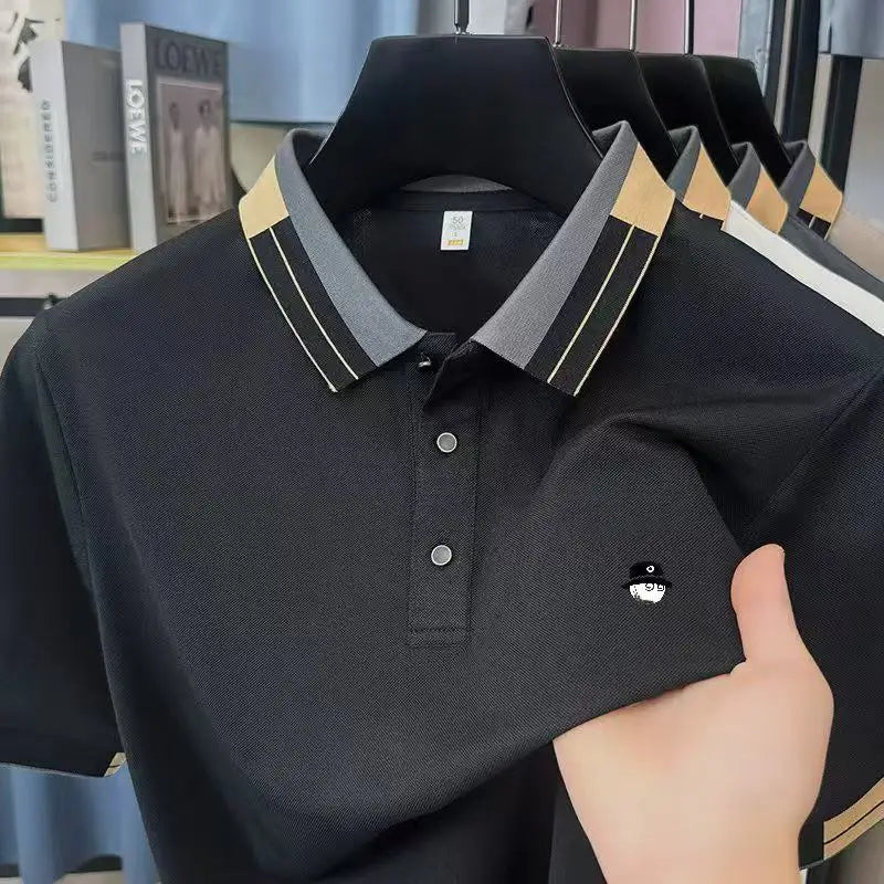 Luxury Man Short-Sleeved Polo Shirt Lapel Button Color Blocking Pattern Printing New Golf T-Shirt Business Casual Men's Clothing