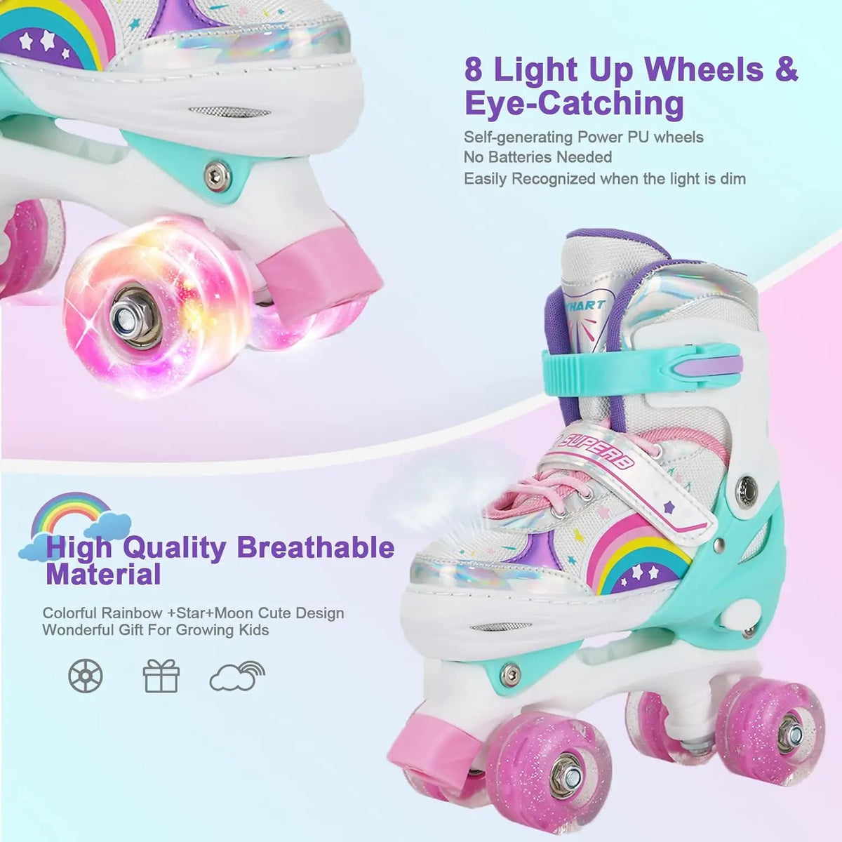 Boys Girls Kids Skates Children Roller Skates Skating Shoes Sliding Adjustable Quad Sneakers PU Flashing 4 Wheels Roller Skates