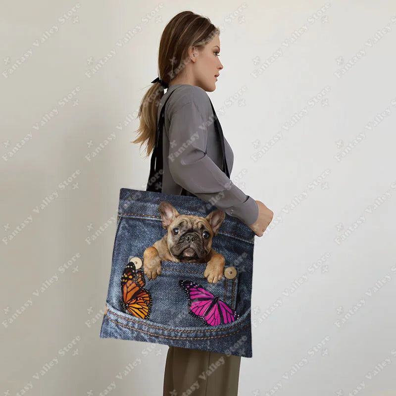 Funny Pocket Dog Shopping Bags Pet Bulldog Dachshund Beagle Schnauzer Dogs Tote Bag Large Capacity Storage Bag Women Handbag