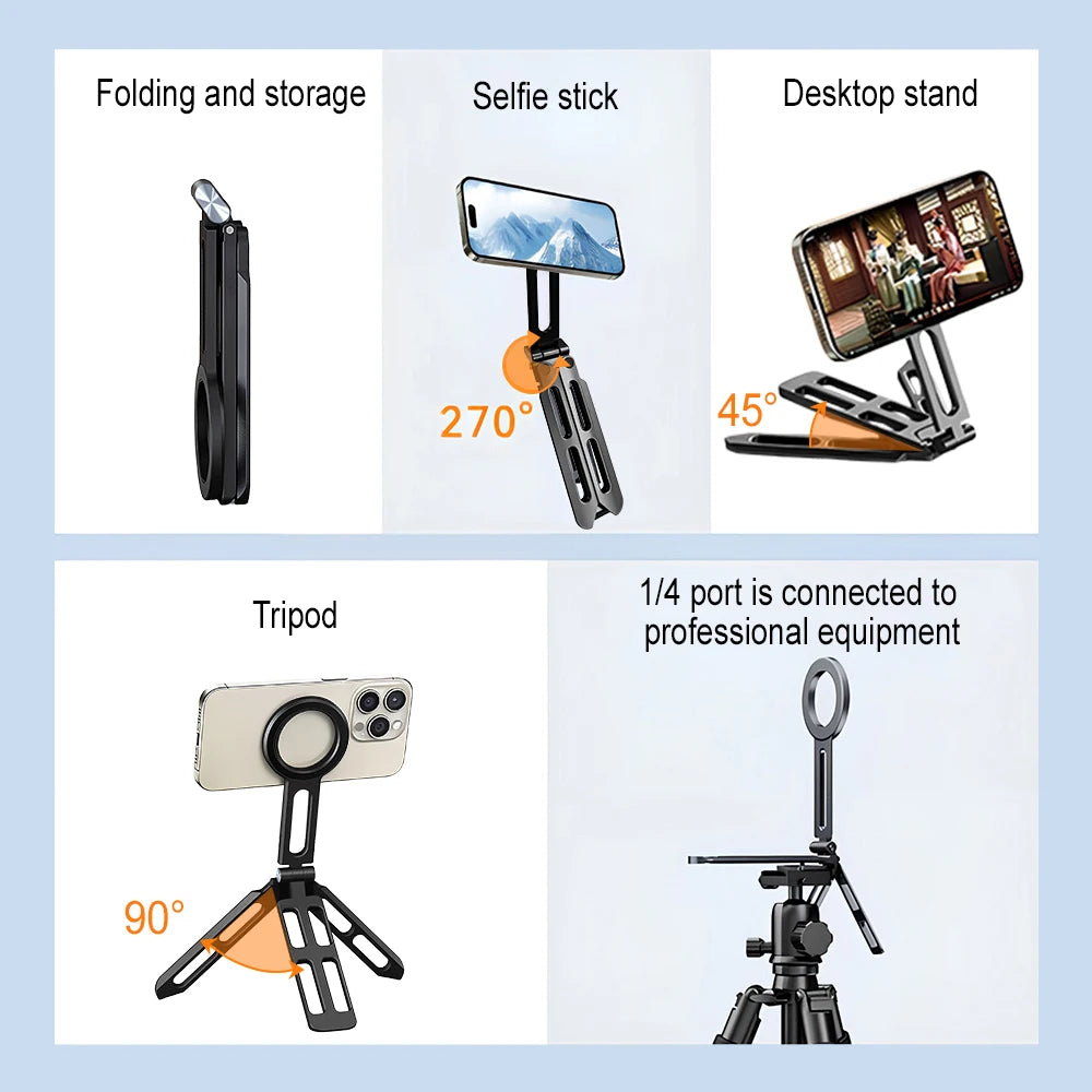 Alloy Phone Tripod Carabiner-Mounted For iPhone Portable Dual-sided Magnetic Tripod Desk Mount Phone Handle Holder