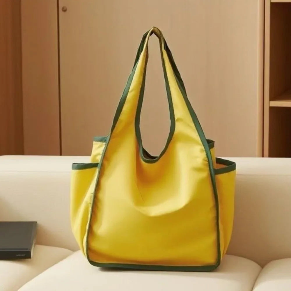 Reusable Large Capacity Shopping Bag Waterproof Foldable Tote Bag Color Blocking Polyester Eco-Friendly Bag Grocery