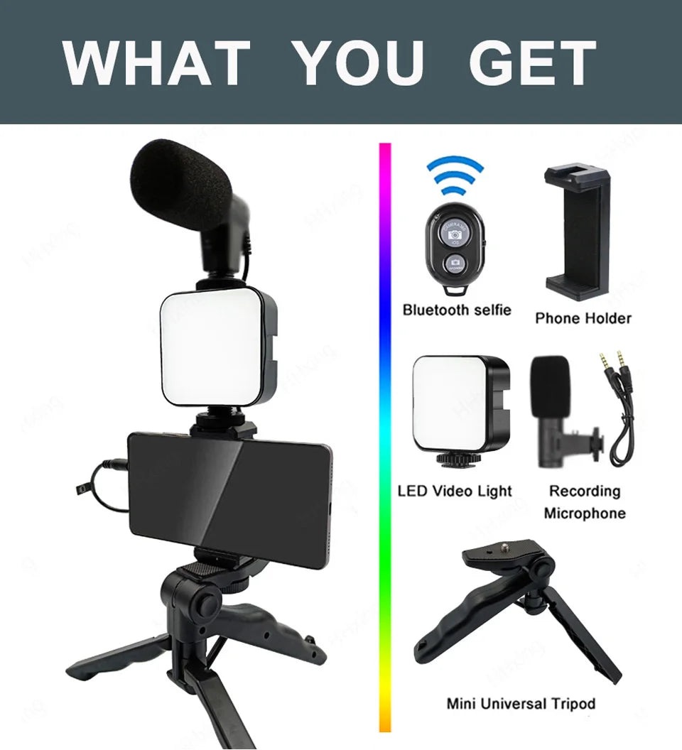Phone Holder Photography Lighting Smartphone Video Kit Microphone LED Selfie Tripod Recording Handle Portable Stabilizer Bracket