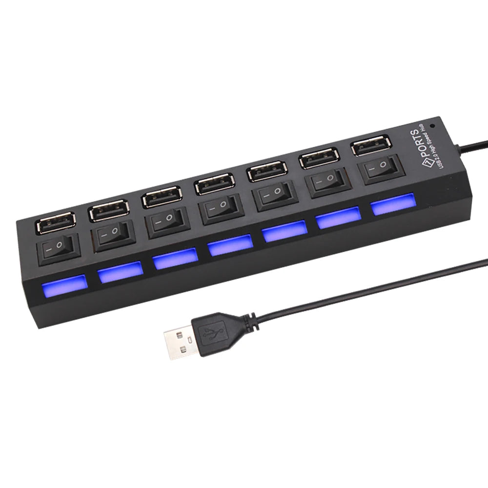 USB Switch Extension HUB 7 Ports USB 2.0 Hub Computer USB Extension Hub USB 2.0 Splitter Accessories With LED Switch For Desktop