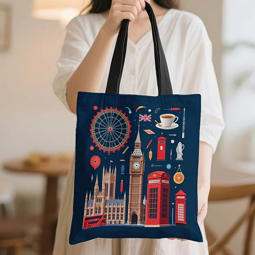 Reusable Grocery Tote Bag Women London-Themed Design Big Ben Red Phone Booths Union Jack Polyester Large Capacity Shopping Bag