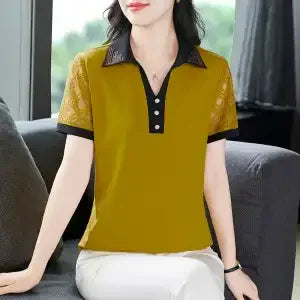 Elegant Lapel Hollow Lace Short Sleeve Polo Top Women Summer Loose Fit Mature Ladies Blouse