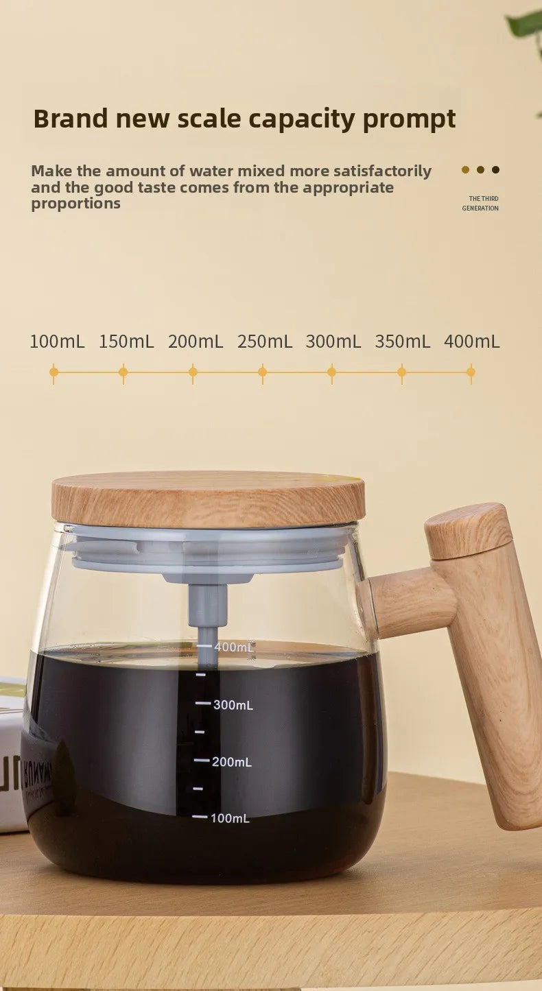 Self-stirring Coffee Cup Portable Electric Self Mixing Mug with Wooden Handle for Coffee Milk Rechargeable Automatic Glass Cup