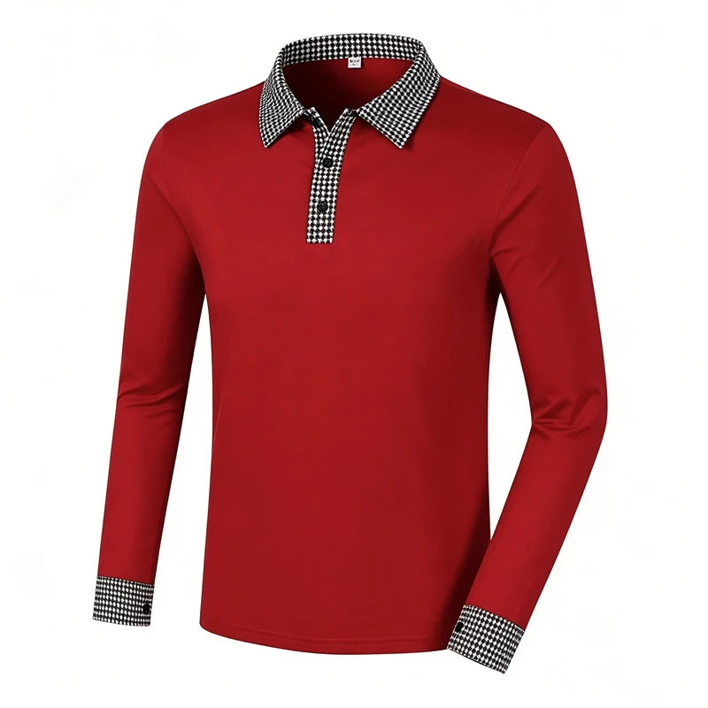 Men Contrast Plaid Lapel Long Sleeve Polo Shirt