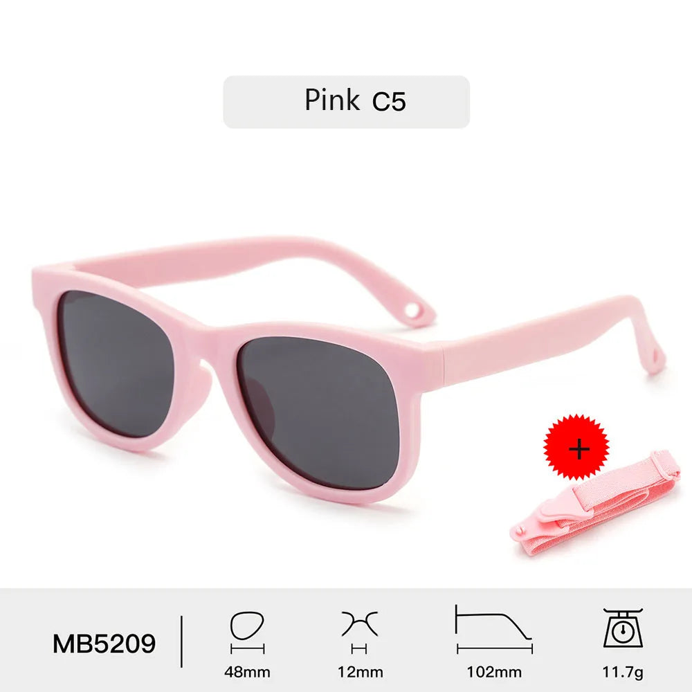 Kids Polarized Sunglasses Bendable Flexible Sunglasses with Strap Children Square Silicone Frame Mirrored UV400 Eyewear