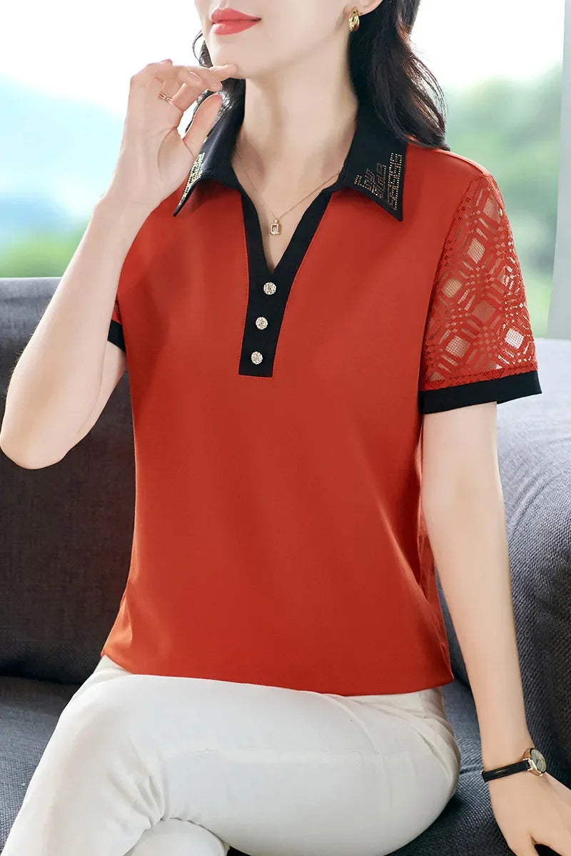 Elegant Lapel Hollow Lace Short Sleeve Polo Top Women Summer Loose Fit Mature Ladies Blouse