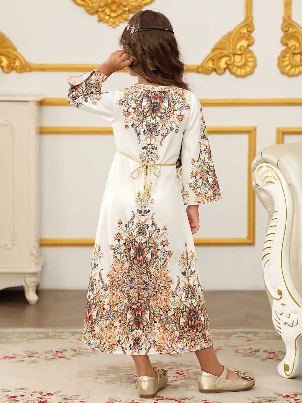 Children's Clothing Arabian Turkish Robes Girls Long Sleeve Floral Dress For Kids Muslim Festive Formal Ceremony Banquet Dress