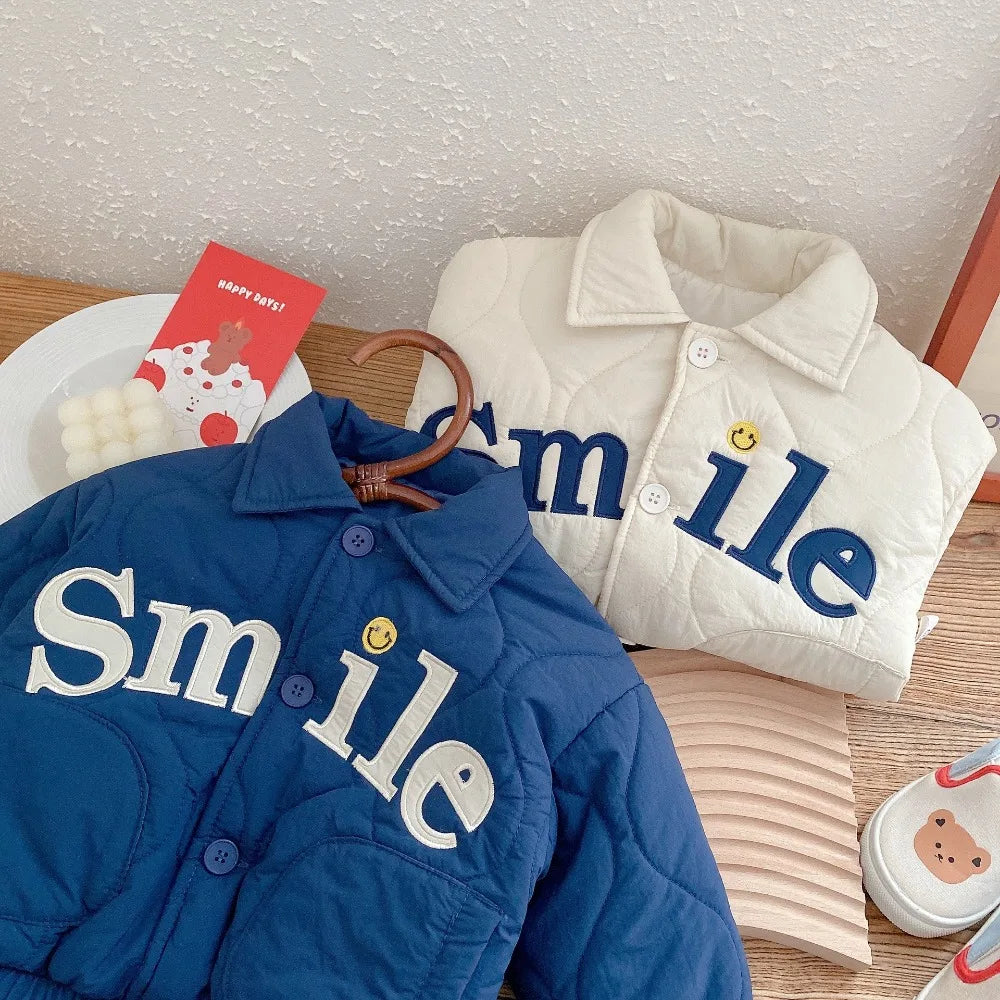 Winter Children's Clothing Baby Boys Smile Jacket Coats Kids Cotton Clothes Toddler Girls Lapel Outerwear Embroidery Tops 0-6Yrs
