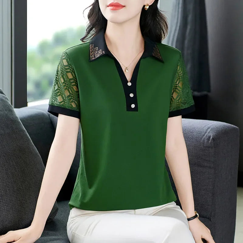 Elegant Lapel Hollow Lace Short Sleeve Polo Top Women Summer Loose Fit Mature Ladies Blouse