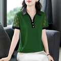 Elegant Lapel Hollow Lace Short Sleeve Polo Top Women Summer Loose Fit Mature Ladies Blouse