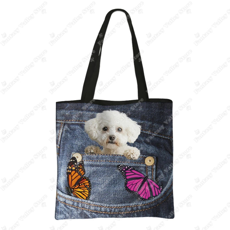 Funny Pocket Dog Shopping Bags Pet Bulldog Dachshund Beagle Schnauzer Dogs Tote Bag Large Capacity Storage Bag Women Handbag