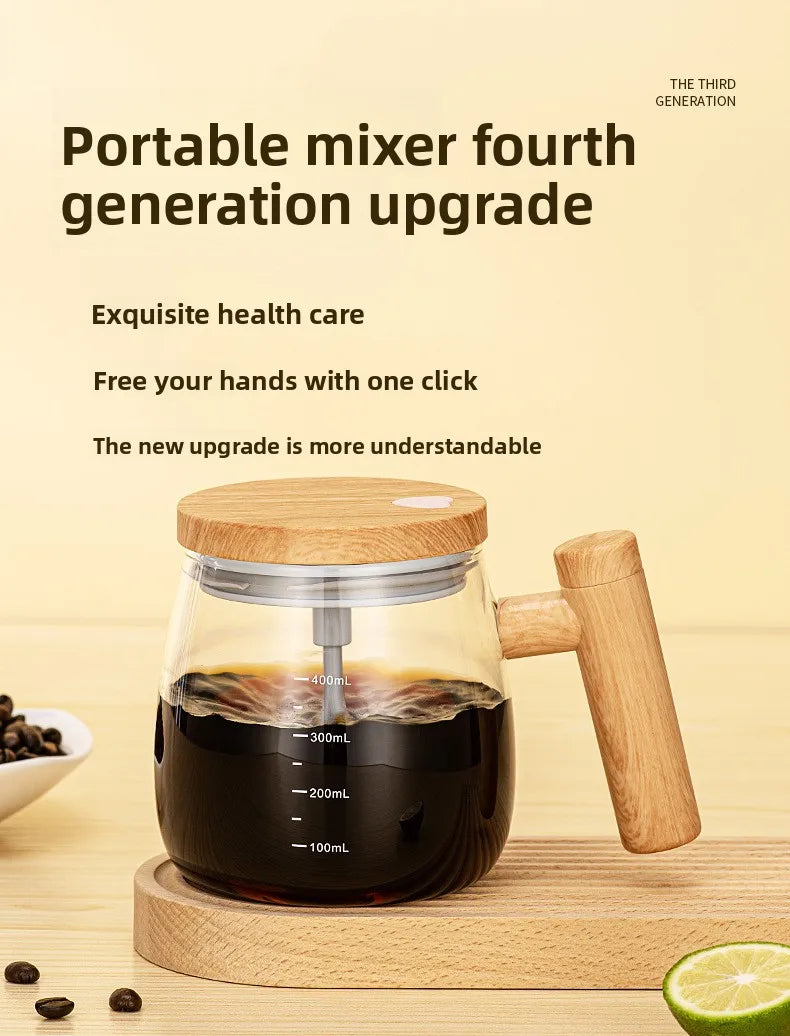 Self-stirring Coffee Cup Portable Electric Self Mixing Mug with Wooden Handle for Coffee Milk Rechargeable Automatic Glass Cup