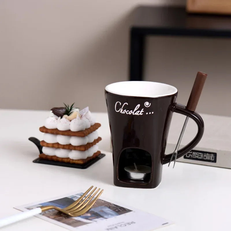 130ML European Candle Cup Cheese Chocolate Melting Ceramic Mug Heating Food Ceramic Mug with Fork Creative Coffee Mug Tableware