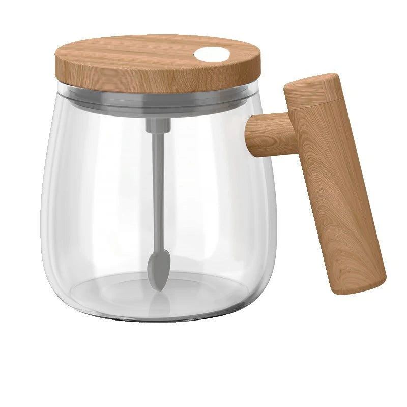 Self-stirring Coffee Cup Portable Electric Self Mixing Mug with Wooden Handle for Coffee Milk Rechargeable Automatic Glass Cup