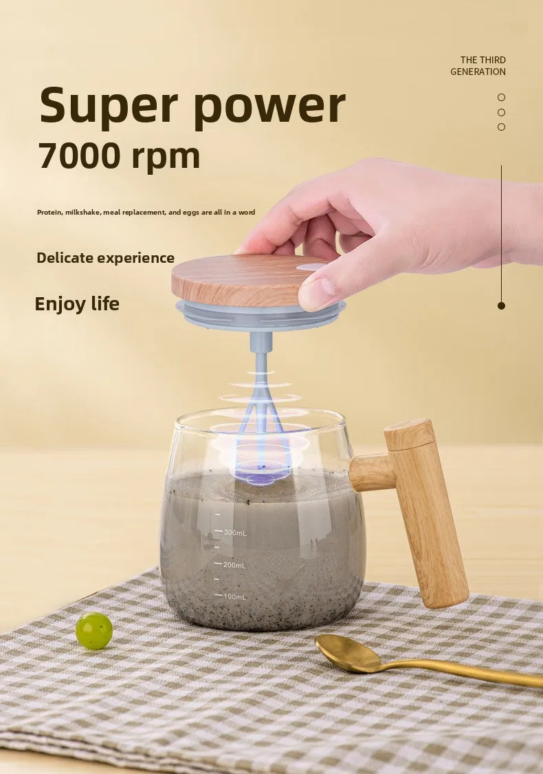Self-stirring Coffee Cup Portable Electric Self Mixing Mug with Wooden Handle for Coffee Milk Rechargeable Automatic Glass Cup