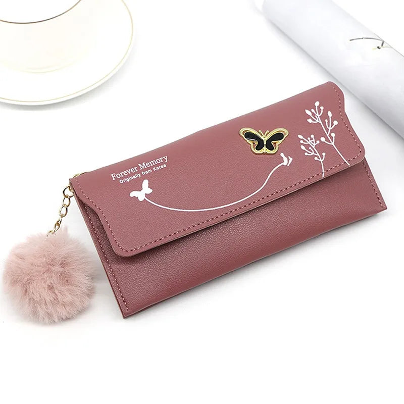 Fashionable New Women Long Wallets Pure Color Butterfly Wool Ball Bow Clutch Bag Women's Long Bag Card Bag Coin Purse Money Bag