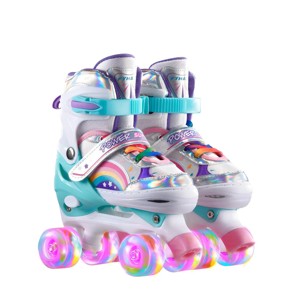 Boys Girls Kids Skates Children Roller Skates Skating Shoes Sliding Adjustable Quad Sneakers PU Flashing 4 Wheels Roller Skates