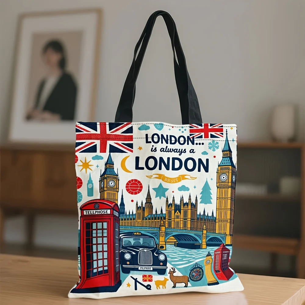 Reusable Grocery Tote Bag Women London-Themed Design Big Ben Red Phone Booths Union Jack Polyester Large Capacity Shopping Bag