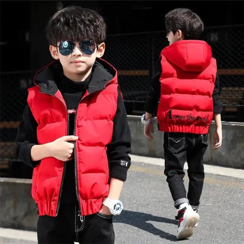 Children's Clothing Boys' Vest Autumn and Winter 2025 New Thickened Hooded Vest for Older Children Winter Style Vest 12 Years Old Trendy