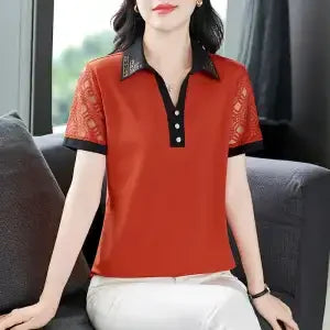 Elegant Lapel Hollow Lace Short Sleeve Polo Top Women Summer Loose Fit Mature Ladies Blouse