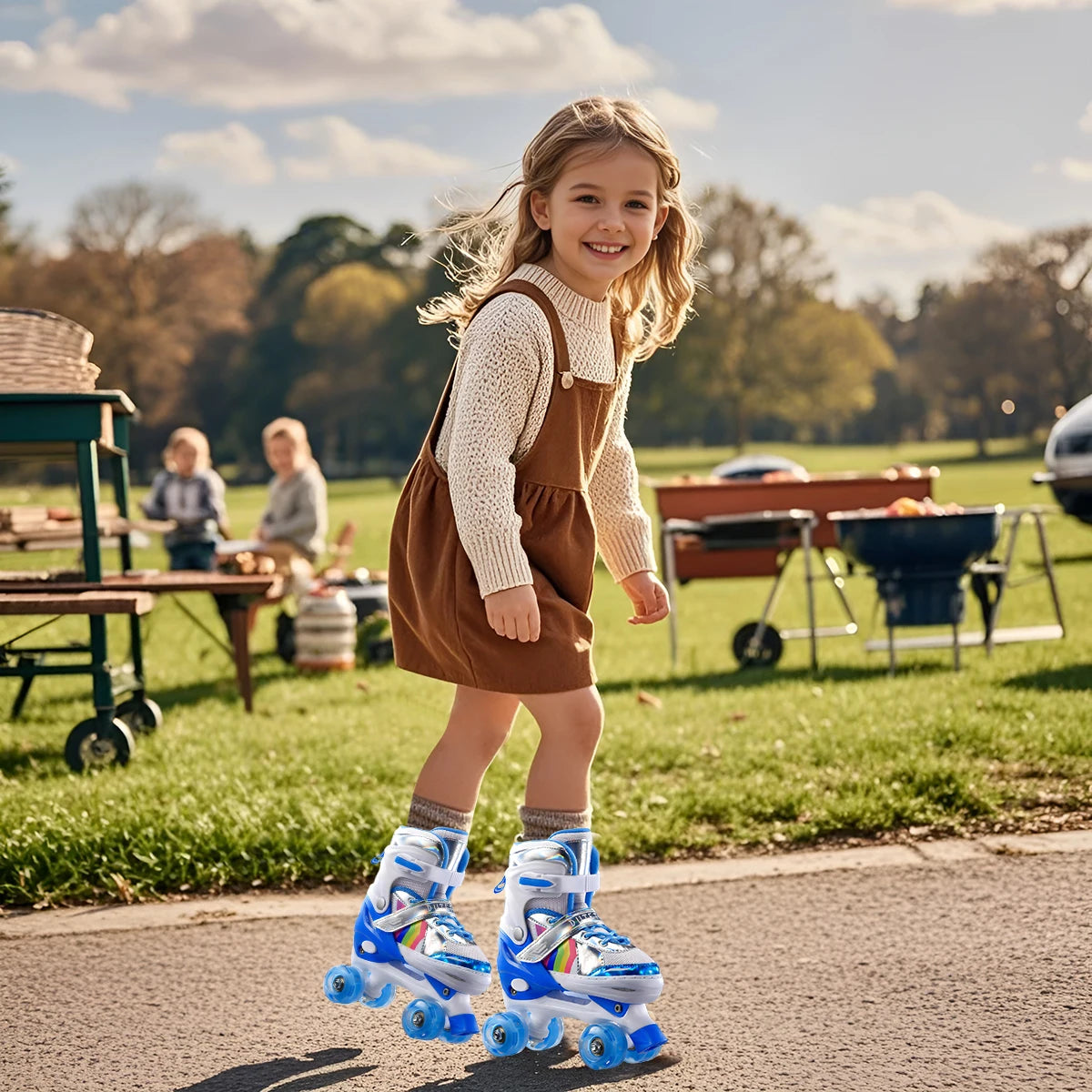 Boys Girls Kids Skates Children Roller Skates Skating Shoes Sliding Adjustable Quad Sneakers PU Flashing 4 Wheels Roller Skates