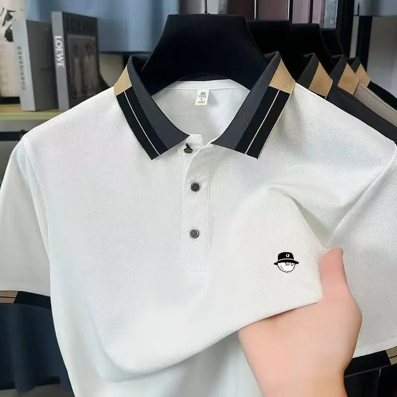Luxury Man Short-Sleeved Polo Shirt Lapel Button Color Blocking Pattern Printing New Golf T-Shirt Business Casual Men's Clothing