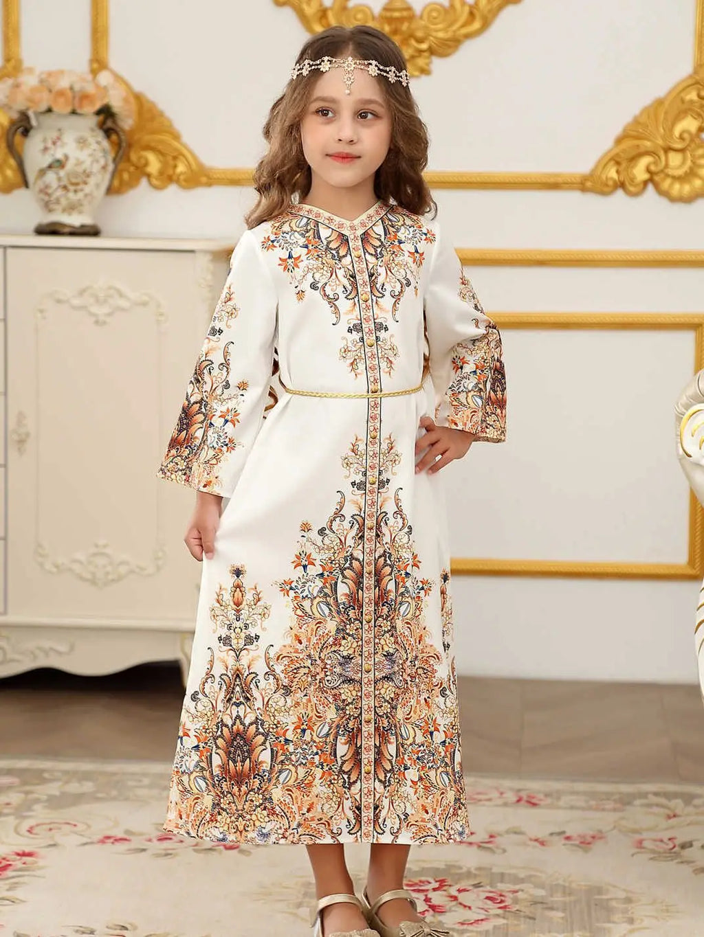 Children's Clothing Arabian Turkish Robes Girls Long Sleeve Floral Dress For Kids Muslim Festive Formal Ceremony Banquet Dress