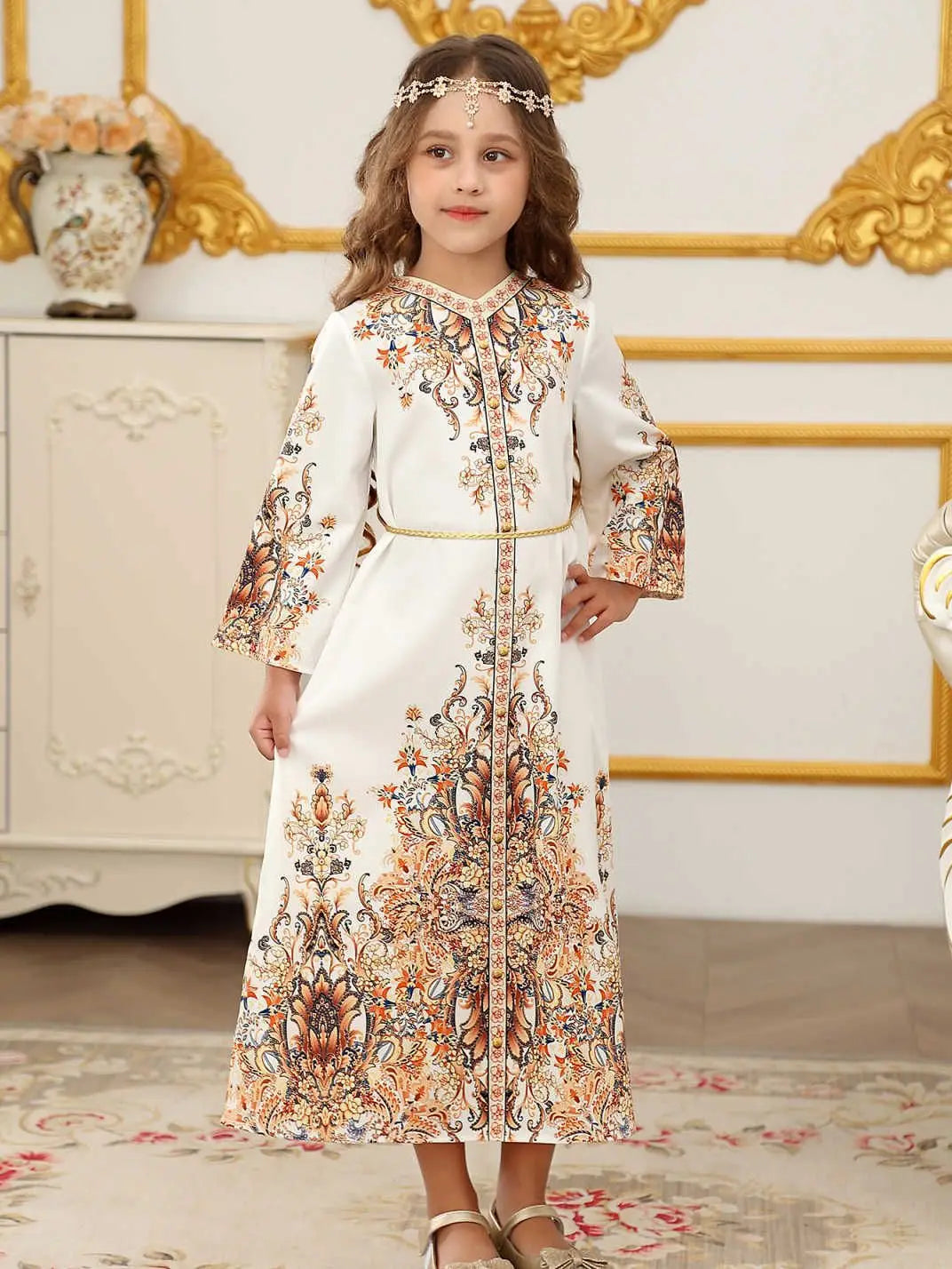 Children's Clothing Arabian Turkish Robes Girls Long Sleeve Floral Dress For Kids Muslim Festive Formal Ceremony Banquet Dress