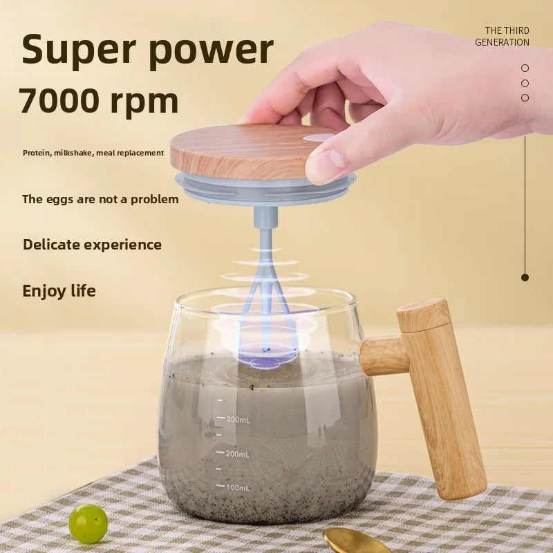 Self-stirring Coffee Cup Portable Electric Self Mixing Mug with Wooden Handle for Coffee Milk Rechargeable Automatic Glass Cup