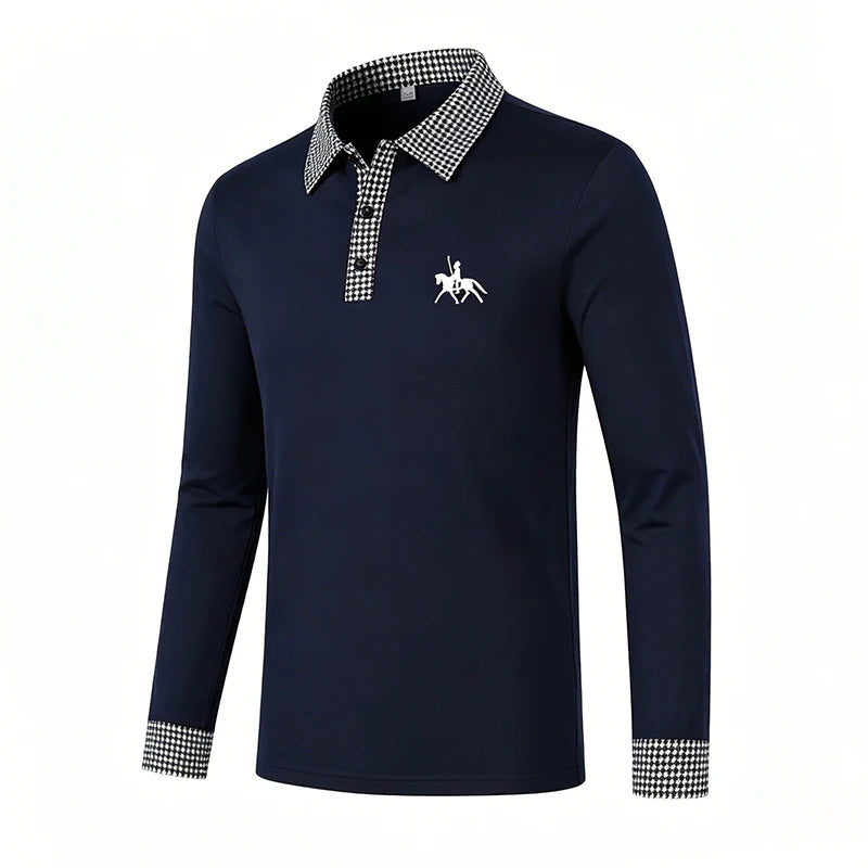 Men Contrast Plaid Lapel Long Sleeve Polo Shirt