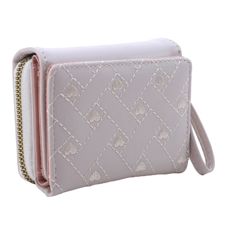 Women's Wallet Tri Fold Card Bag PU Multi Objects Pocket Short Fashion Embroidered Love Pattern Korean Minimalist New 2023