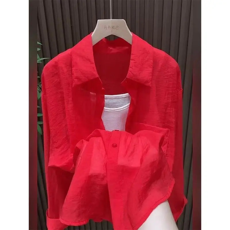 Women's Red Polo Collar Long Sleeve Sun Protection Shirt French Style Lazy Casual Versatile Slim Fit Blouse Spring Autumn Tops