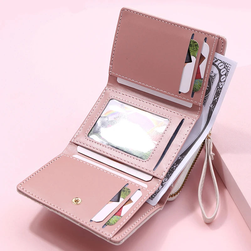 Women's Wallet Tri Fold Card Bag PU Multi Objects Pocket Short Fashion Embroidered Love Pattern Korean Minimalist New 2023