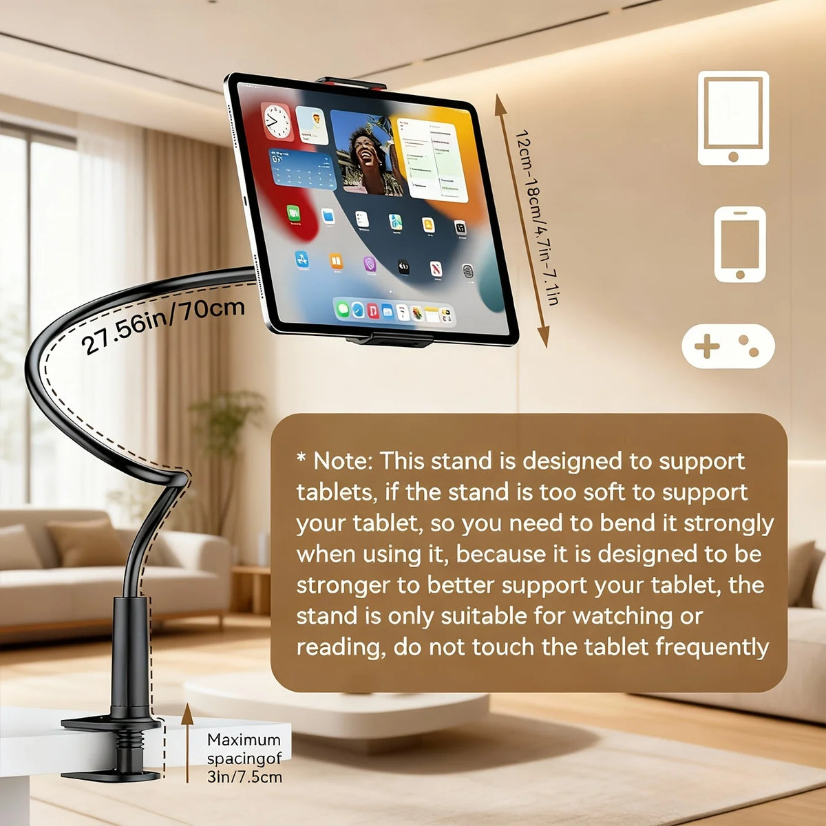 1pc Adjustable Multi-Device Stand, 360° Rotatable with Flexible Clamp & Charging Port - for Phone Tablet, Home Office Bedroom