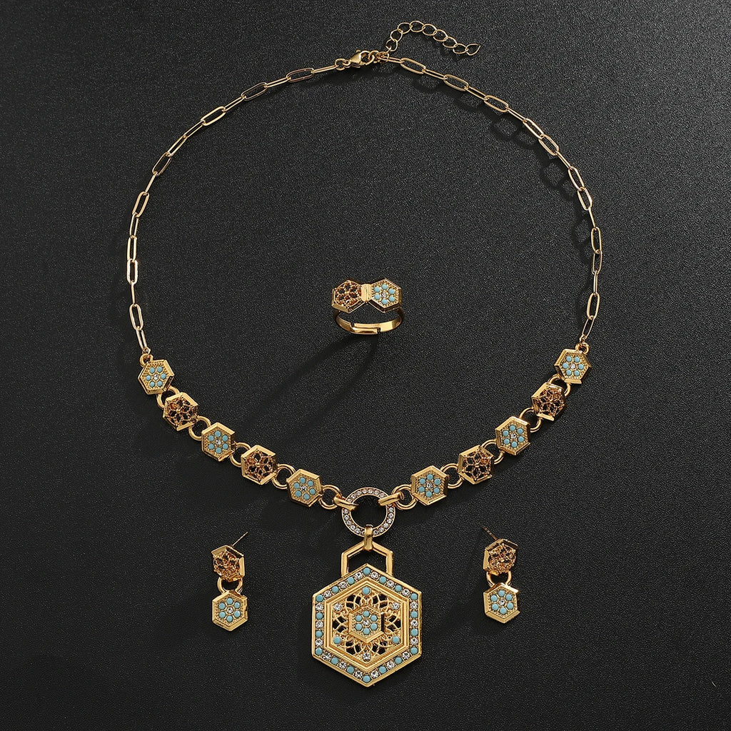 Vintage diamond Turquoise Jewelry Set  For Women Gold Pendant Necklace Earrings Ring Trendy Aesthetic Jewelry Accessories