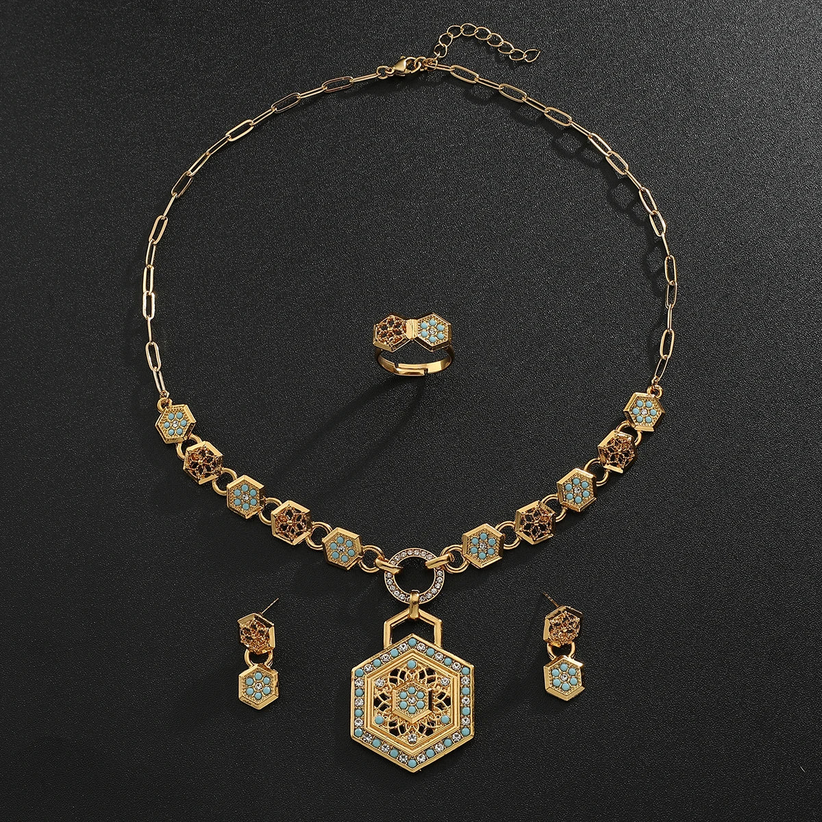 Vintage diamond Turquoise Jewelry Set  For Women Gold Pendant Necklace Earrings Ring Trendy Aesthetic Jewelry Accessories