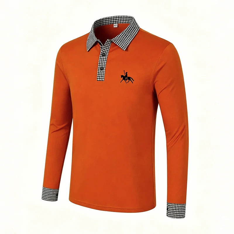 Men Contrast Plaid Lapel Long Sleeve Polo Shirt