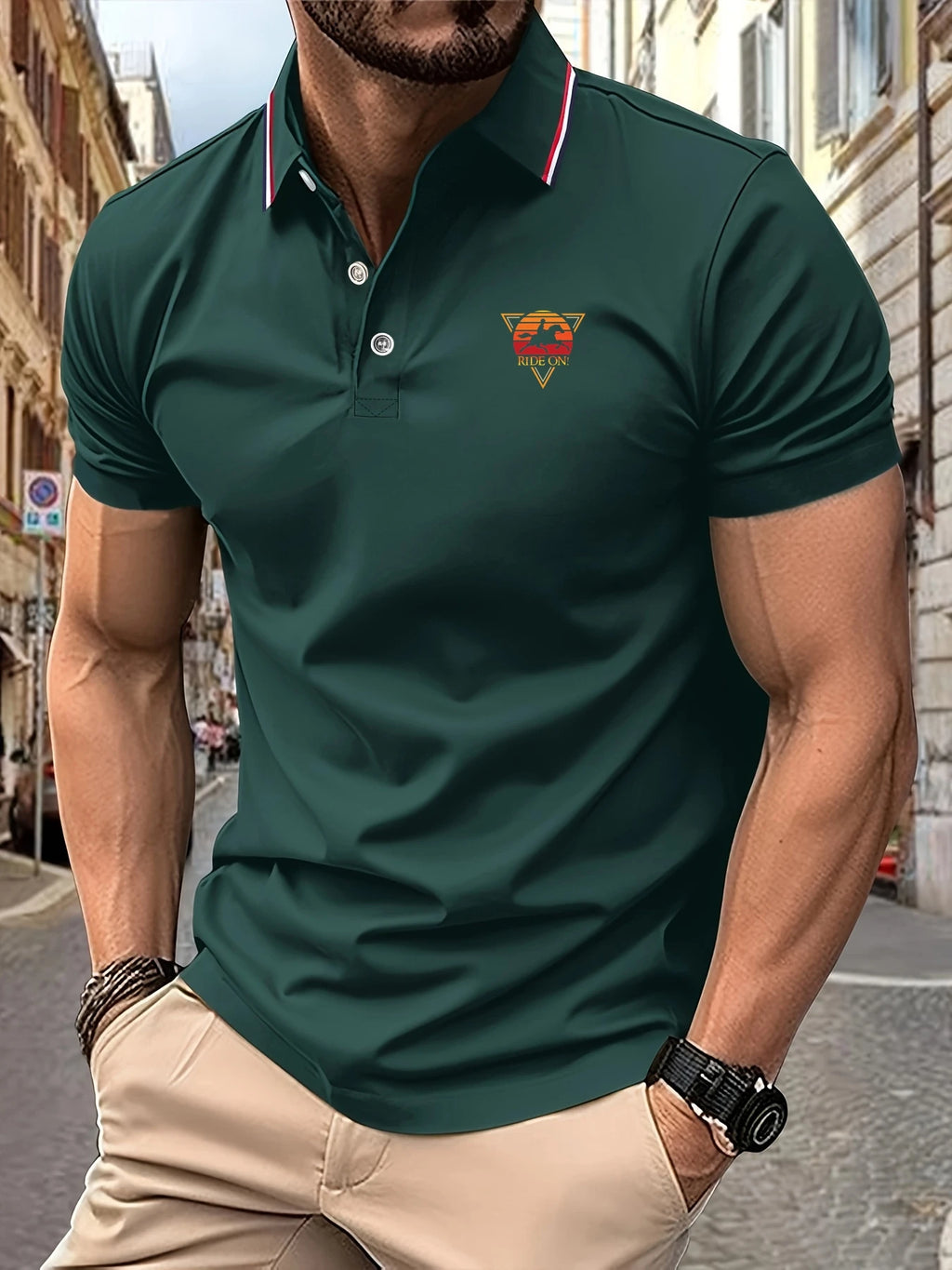 Polo Shirt Man RIDE ON! Graphic Print Summer Casual Breathable Striped Collar High Quality Men's Short Sleeve T-Shirt