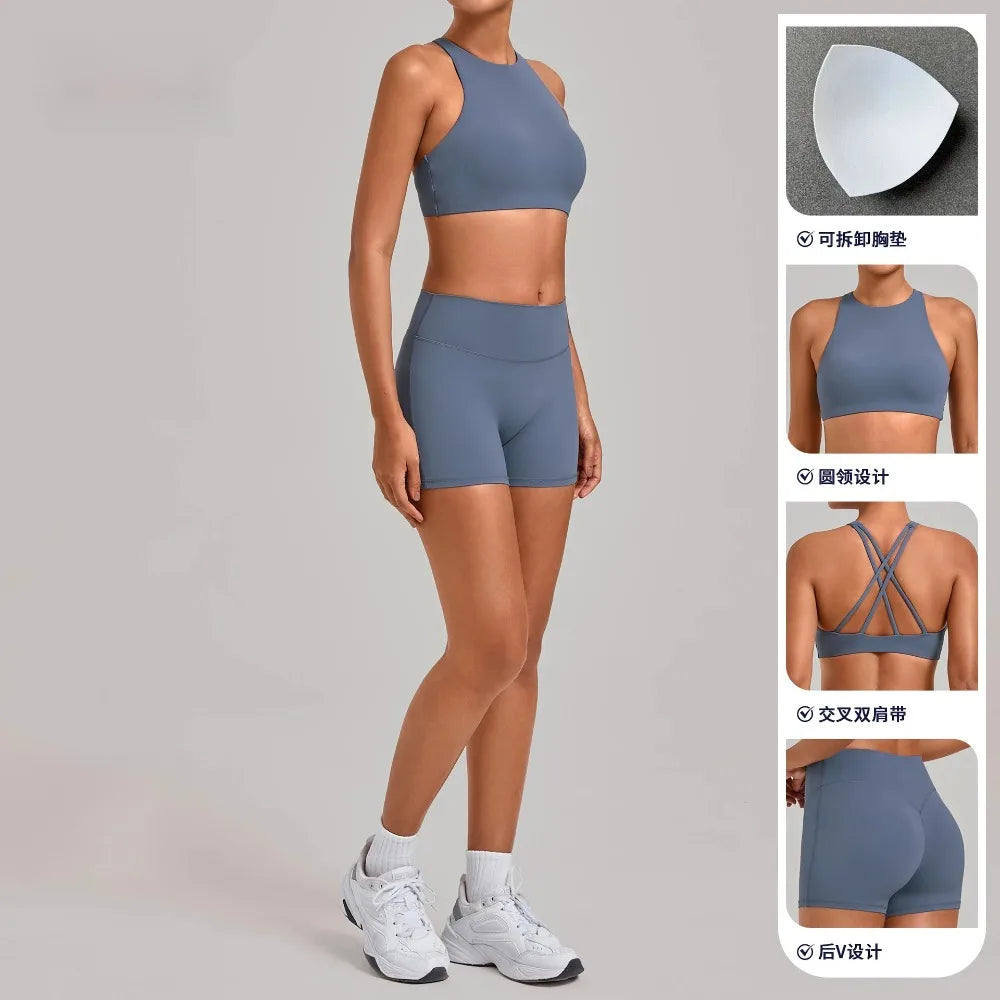 Gym Workout Clothing Detachable Chest Pad Cross Back Vest Yoga Shorts Sets Tight Quick-Dry Fitness Sports Shorts Suits for Women