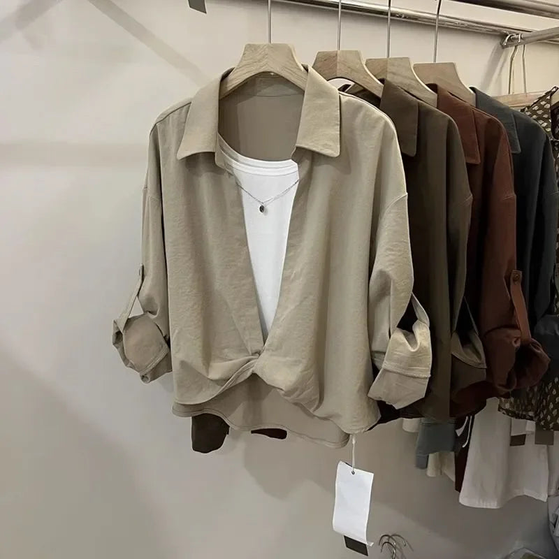 Polo Collar Fake Two-piece Long-sleeved Shirt for Women in Early Autumn New Style Chic Western-style Top