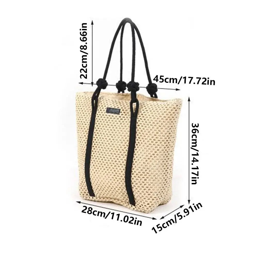 Handmade Straw Woven Bags Large Capacity Solid Color Shopping Tote Bag Portable Zipper Closure Weaving Underarm Bags Outing