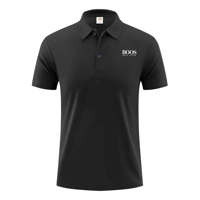Men's Classic Letter Print Polo Shirt Breathable Lapel Short Sleeve Solid Color Business Casual Golf Workwear Top Daily T-Shirt