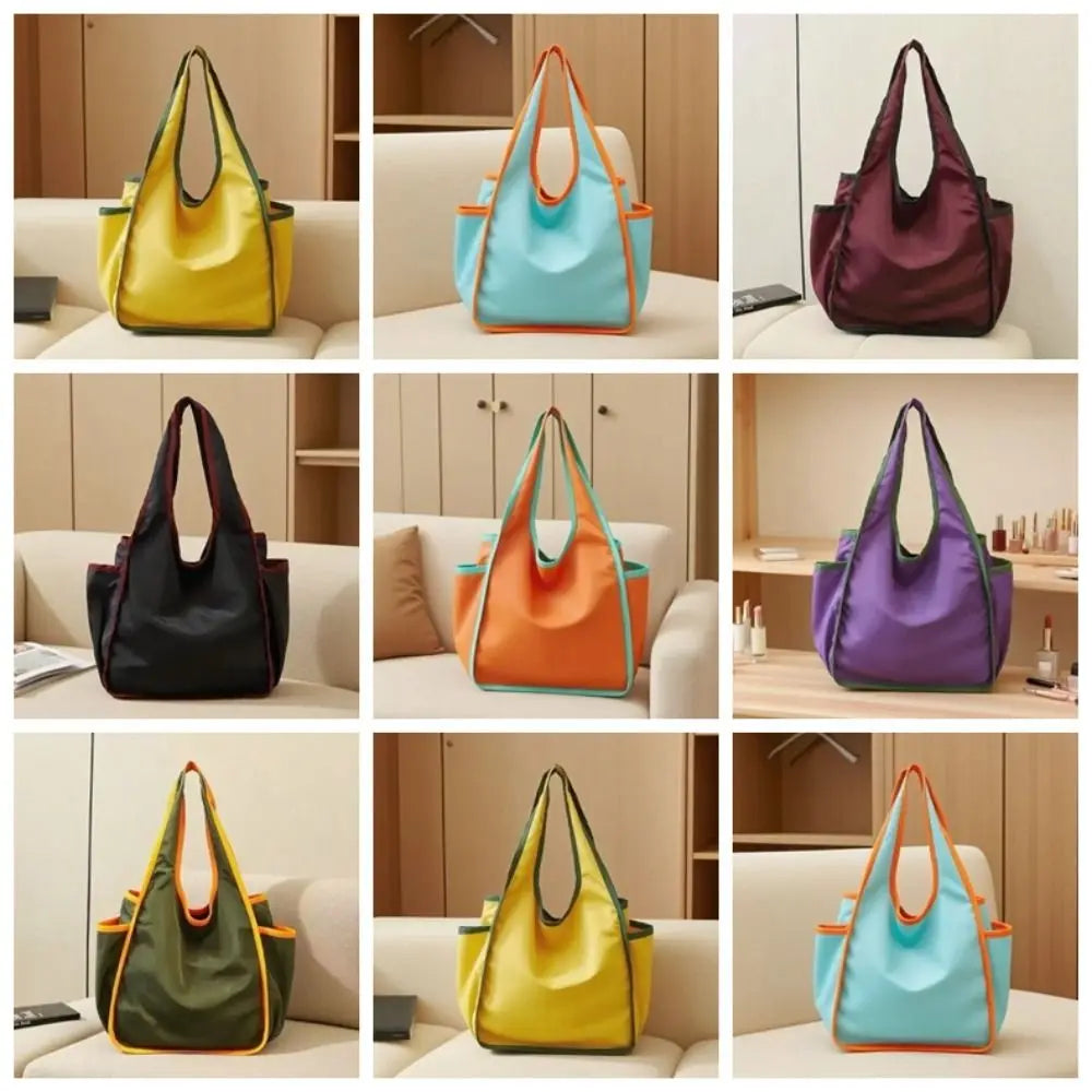 Reusable Large Capacity Shopping Bag Waterproof Foldable Tote Bag Color Blocking Polyester Eco-Friendly Bag Grocery